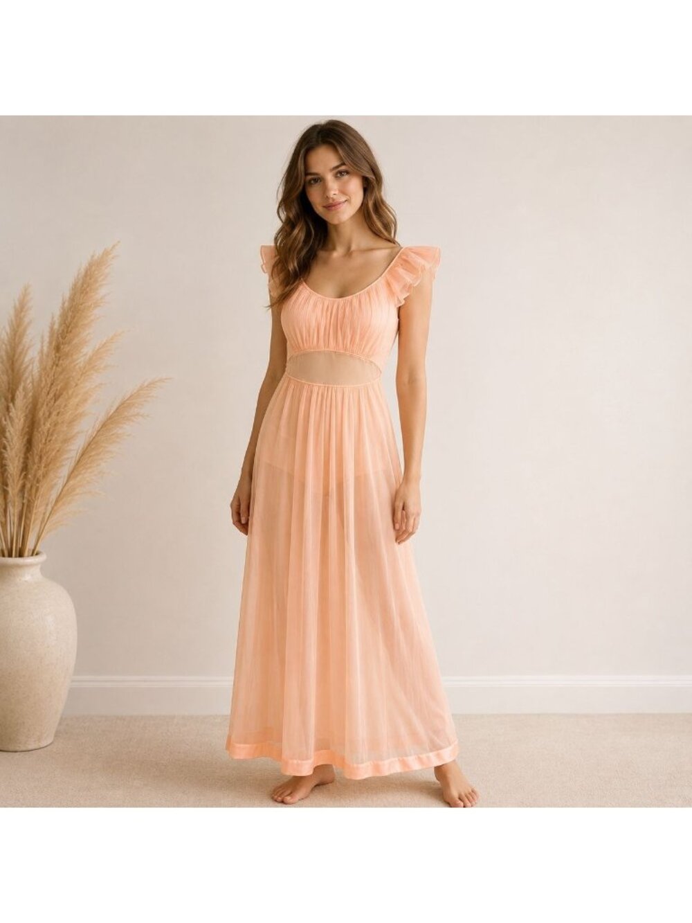 Vanity Fair Romantic Peach Nightgown Size S Vtg 60s Nylon Chiffon Maxi Lingerie